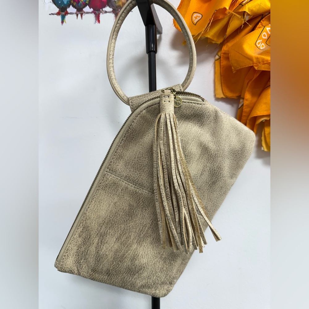 HOBO Beige Leather Wristlet Clutch with Tassel - Picture 2 of 7